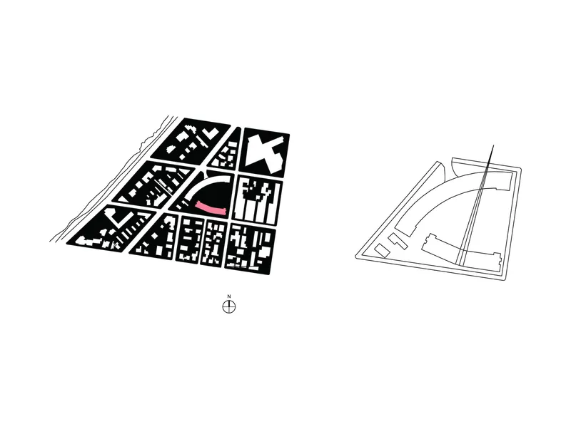 Site plan drawings showing the building footprint within an urban block alongside a curved park