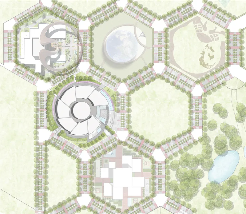 Site plan drawing showing hexagonal pavilions arranged in a honeycomb pattern with landscaped borders