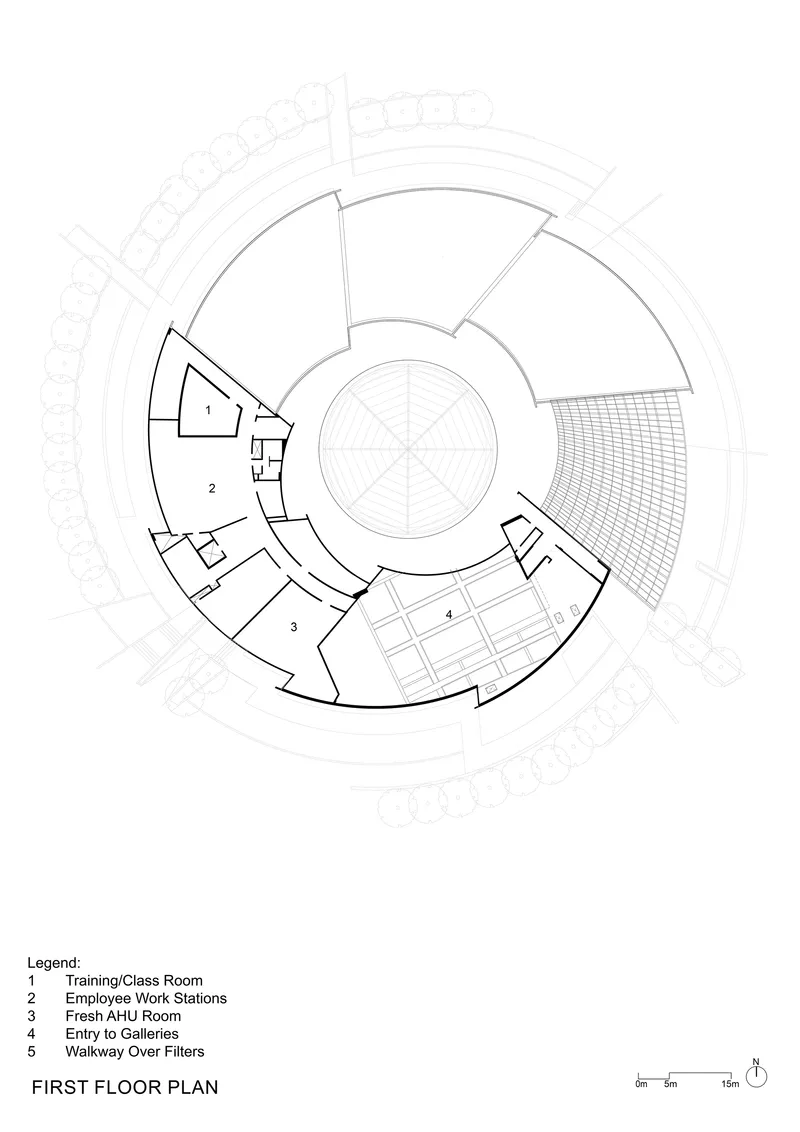 First floor plan drawing of a circular building with radiating programmatic zones around a central atrium