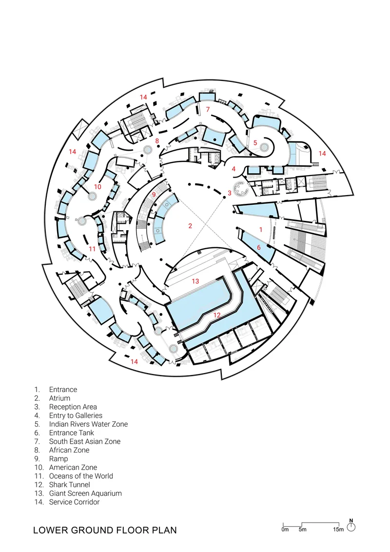 Lower ground floor plan drawing revealing spiraling gallery arrangement with water features and labeled exhibit zones