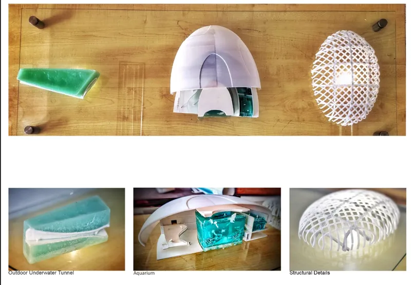 Material and structural model studies exploring the aquarium, underwater tunnel, and shell-like roof system.