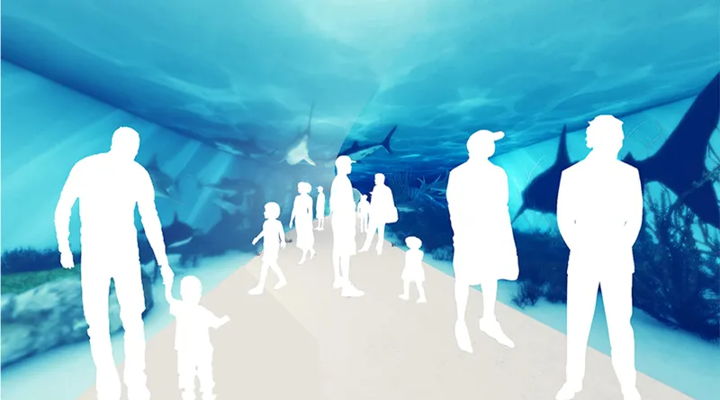 Cave-like aquarium gallery creating a close visual connection between visitors and underwater ecosystems.