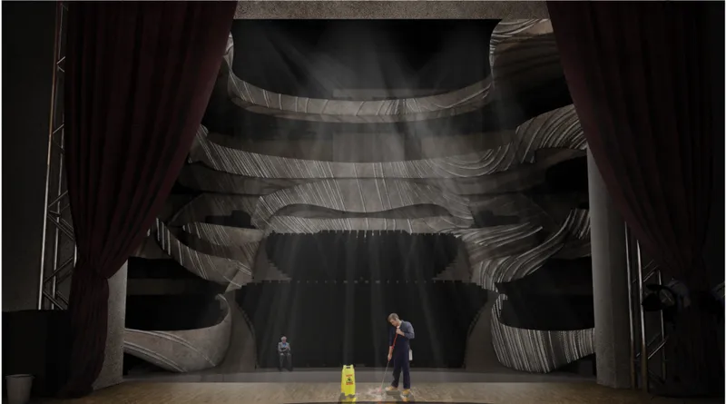 Interior rendering of a performance space with layered ribbon-like surfaces and two figures on stage