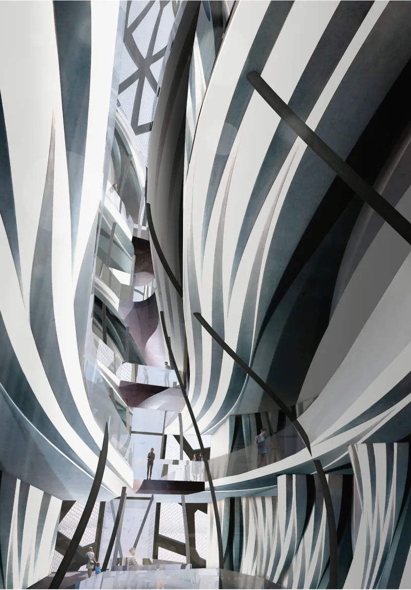 Model photograph looking up through a multi-story atrium with curving white walls and diagonal black structural members