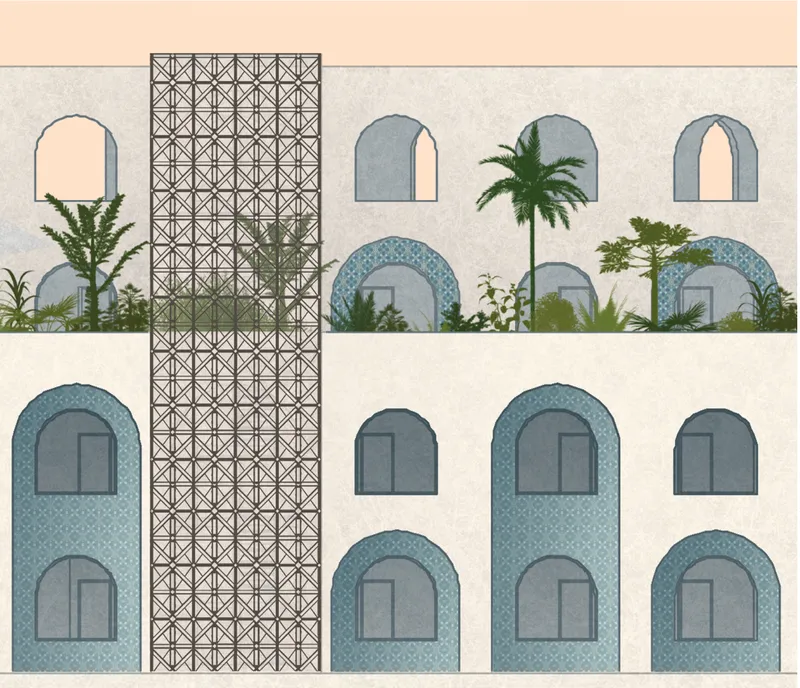 Moroccan arches, patterned screens, and greenery shape the façade