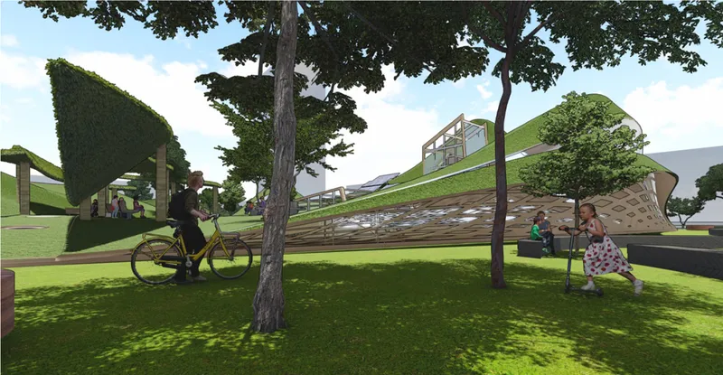 A green roof transforms the library into a walkable urban landscape.