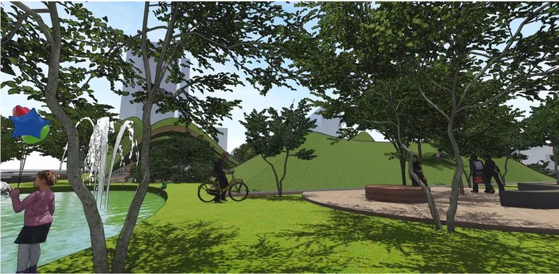 Shaded gardens and water features create a softer public space for all ages.