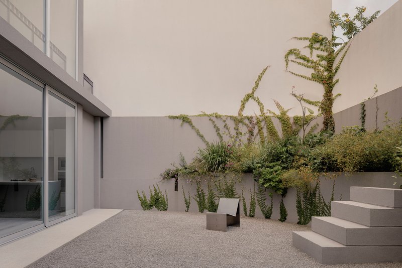 Courtyard with raised planter beds and climbing vines against rendered walls