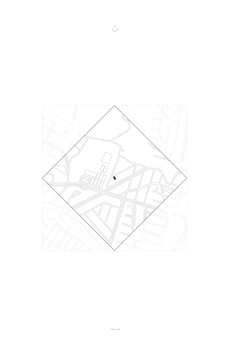Site plan drawing showing building footprint rotated within a diagonal street grid with landscape elements