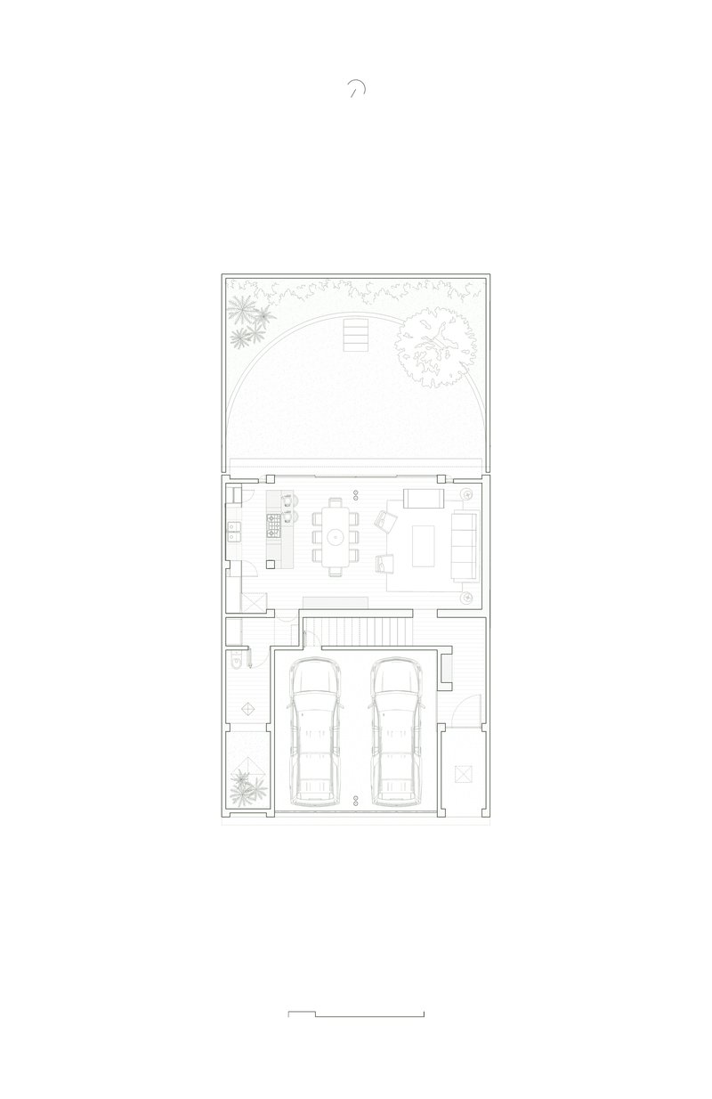 Ground floor plan drawing showing two-car garage and open living spaces with curved garden above
