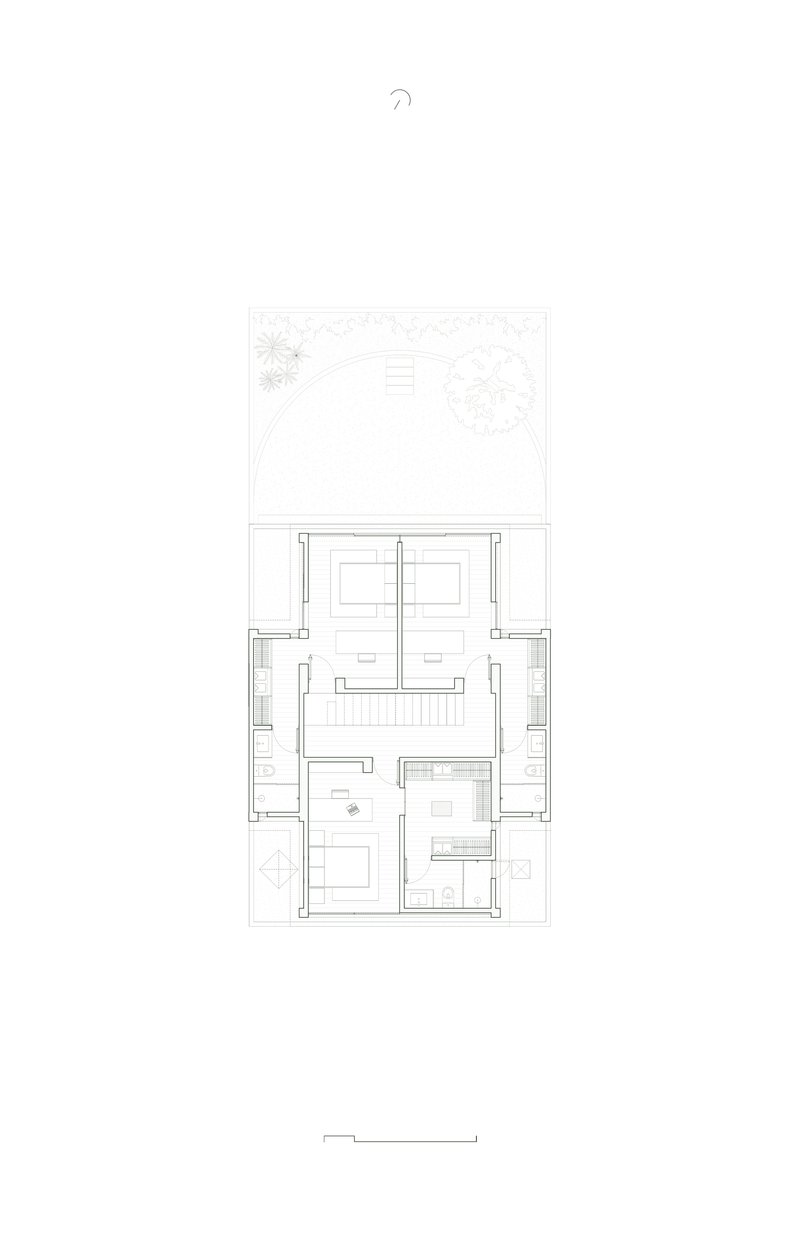 Upper floor plan drawing showing bedroom suites flanking a central staircase with roof terrace above