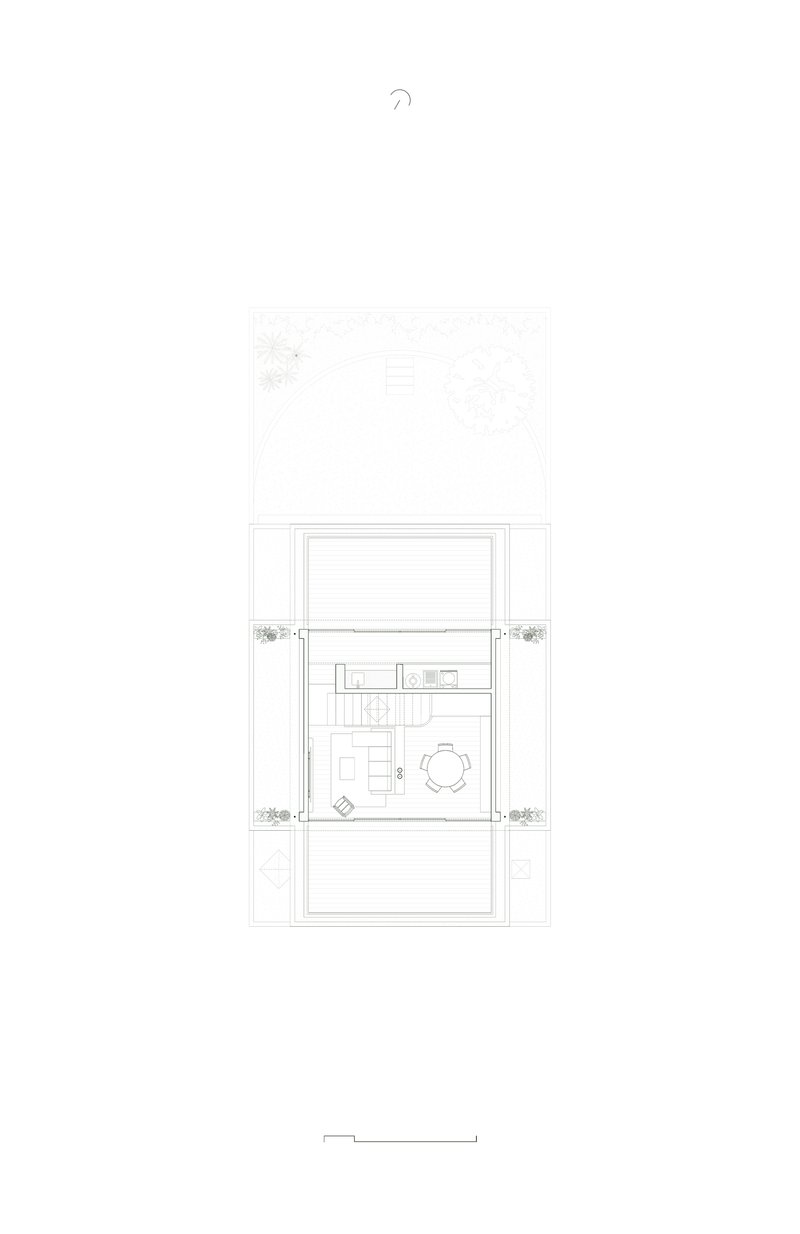 Mid-level floor plan drawing showing open dining area with kitchen and outdoor terraces on both sides