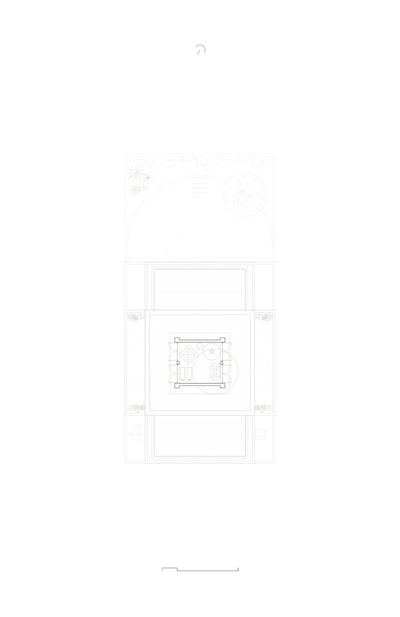 Floor plan drawing showing central void space with curved staircase and surrounding circulation