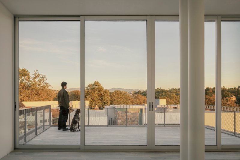 Interior view through full-height glass doors to a rooftop terrace where a person stands with a dog at dusk
