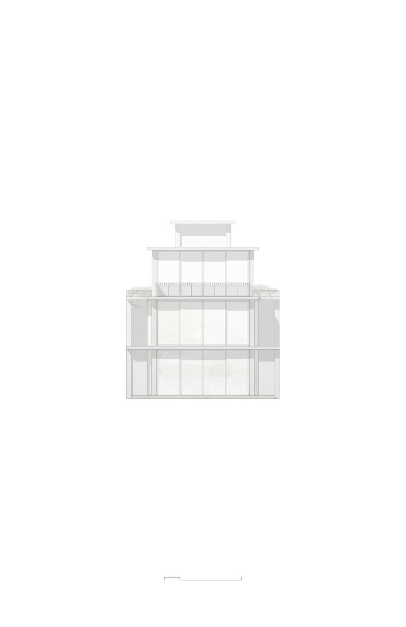 Elevation drawing showing a symmetrical facade with setback upper levels and vertical glazing