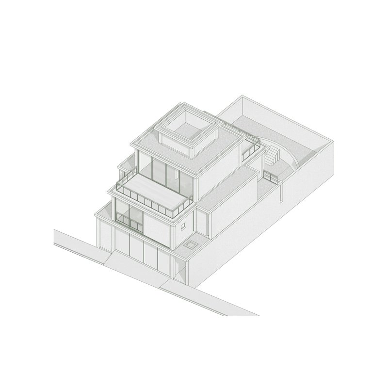 Axonometric drawing revealing stacked volumes with rooftop terraces and open corner balconies