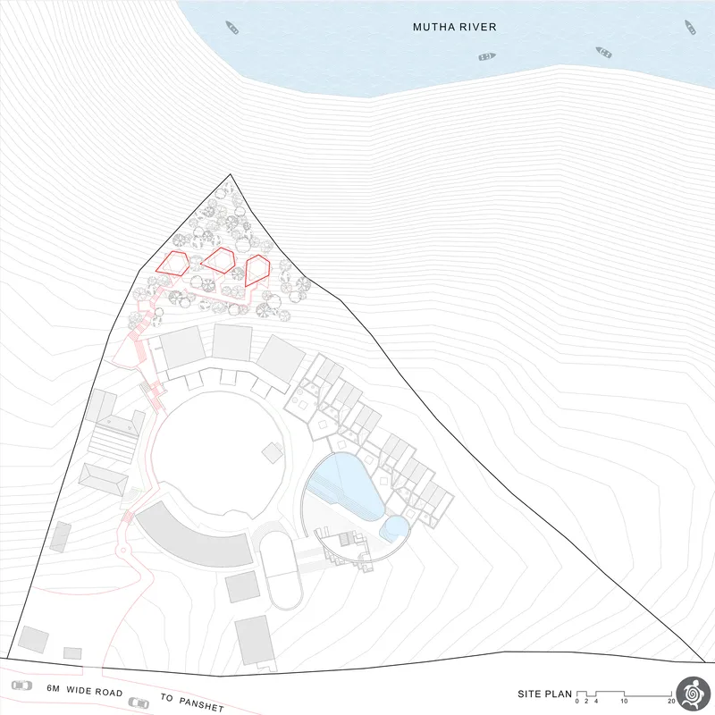 Site plan drawing showing a triangular plot between a river and road with scattered pavilions