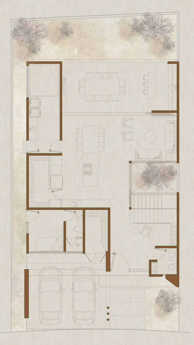 Ground floor plan drawing showing garage, living areas, and interior courtyard with trees