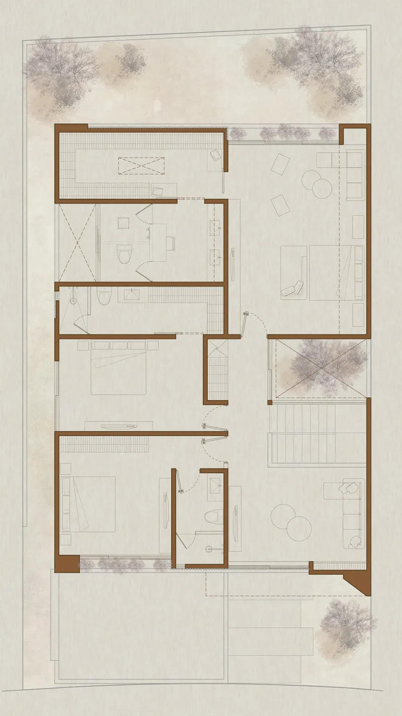 Upper floor plan drawing showing bedroom suites and terrace with central stairwell opening
