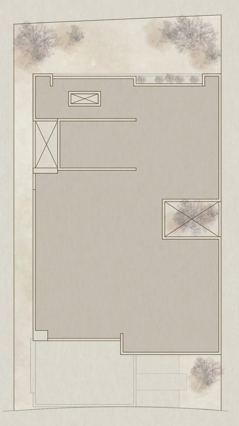 Roof plan drawing showing terrace areas and planted courtyard openings
