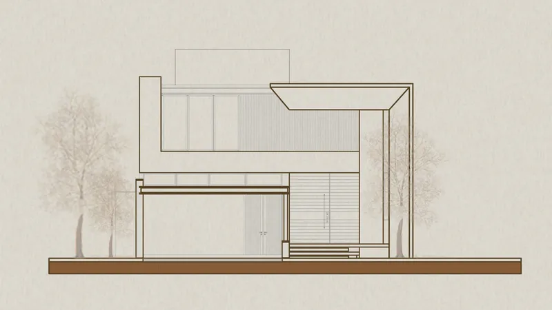 Elevation drawing showing two-story residence with horizontal slatted screening and flanking trees