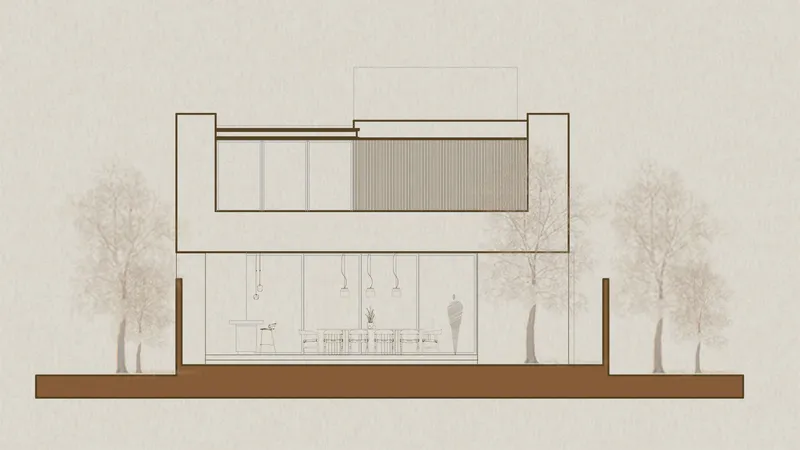 Elevation drawing depicting glazed ground floor with pendant lights and upper volume with vertical louvers