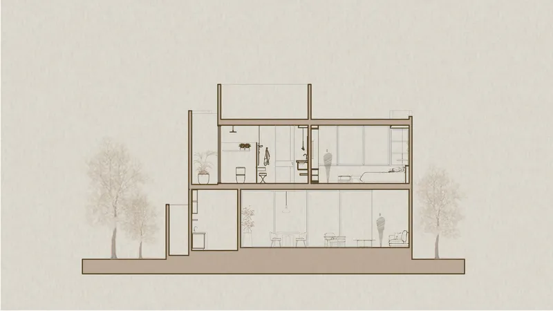 Section drawing revealing two-level interior spaces with furniture and human figures among surrounding trees