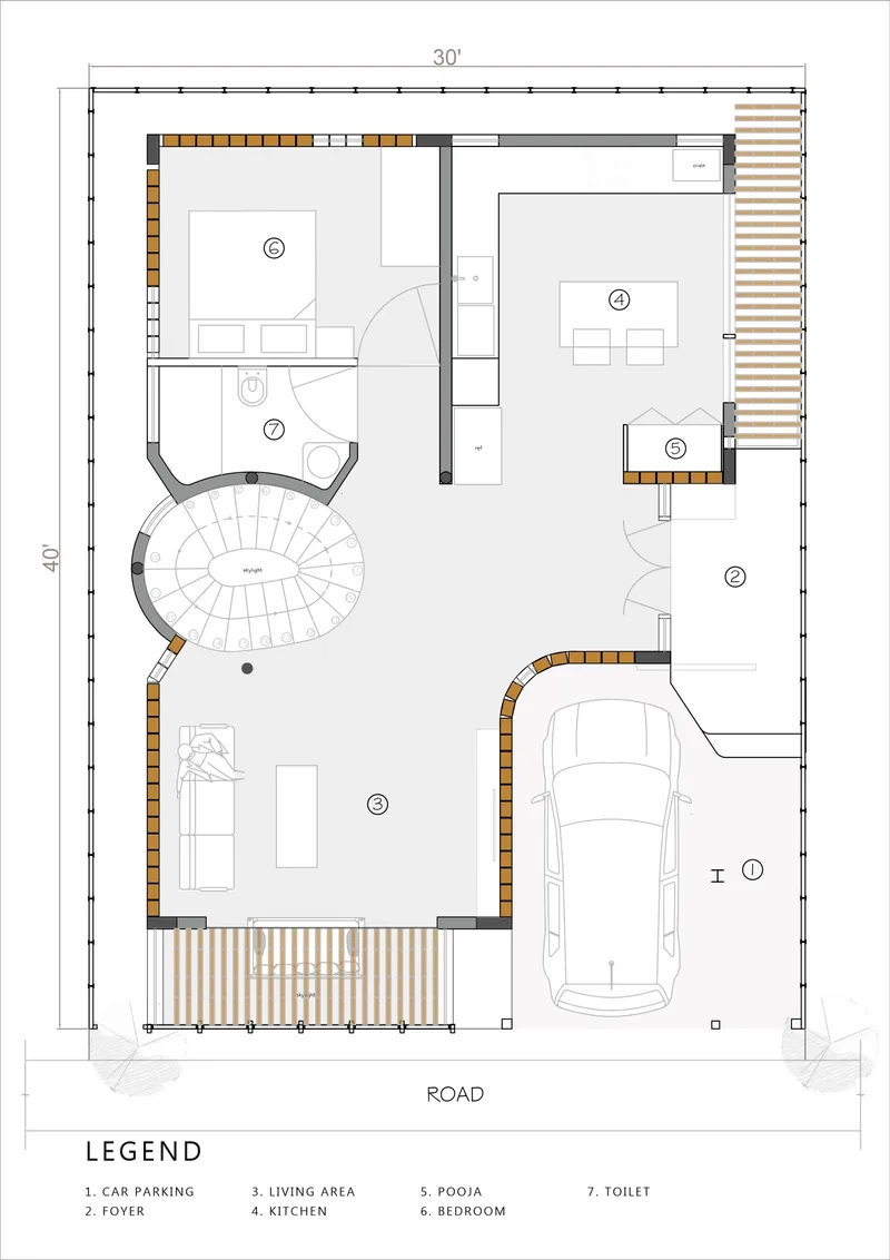 Ground floor plan showing a curved staircase, living spaces, garage and outdoor terrace with slatted screening