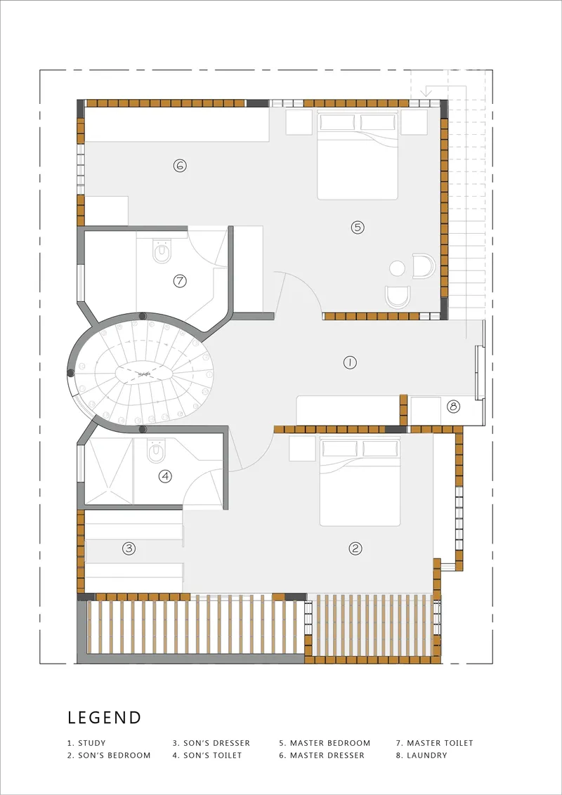 Upper floor plan featuring bedrooms arranged around a central spiral staircase with balcony access