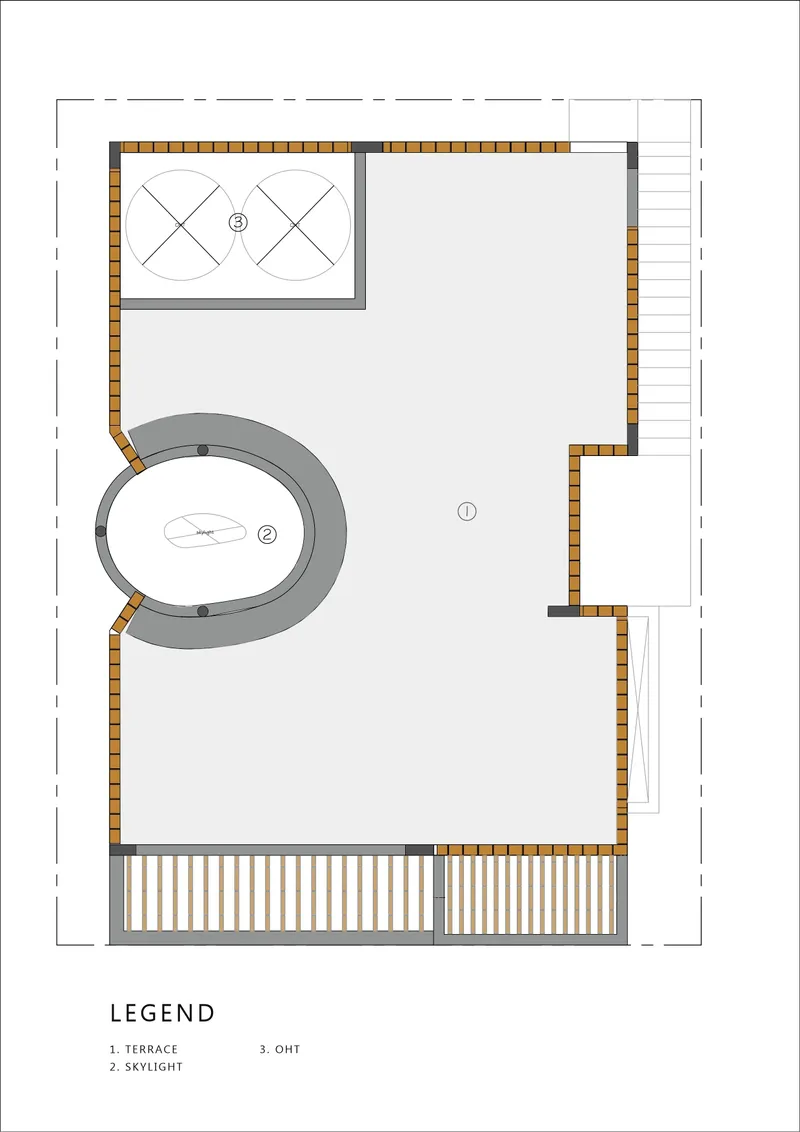 Terrace level plan showing a curved skylight opening and open deck space with slatted railings