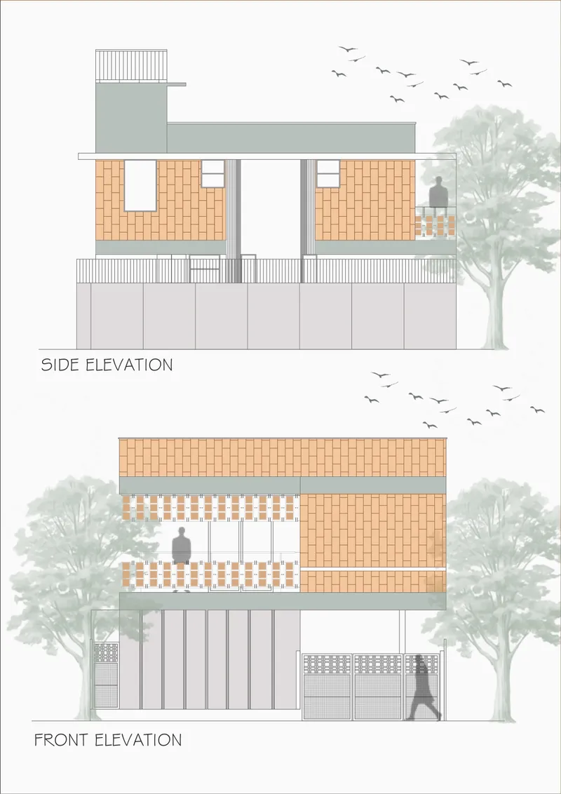 Side and front elevation drawings showing brick cladding, slatted screens and a figure with trees