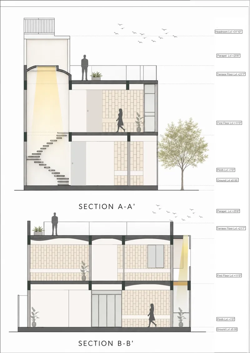 Section drawings revealing the spiral staircase, floor levels, brick walls and figures with birds overhead