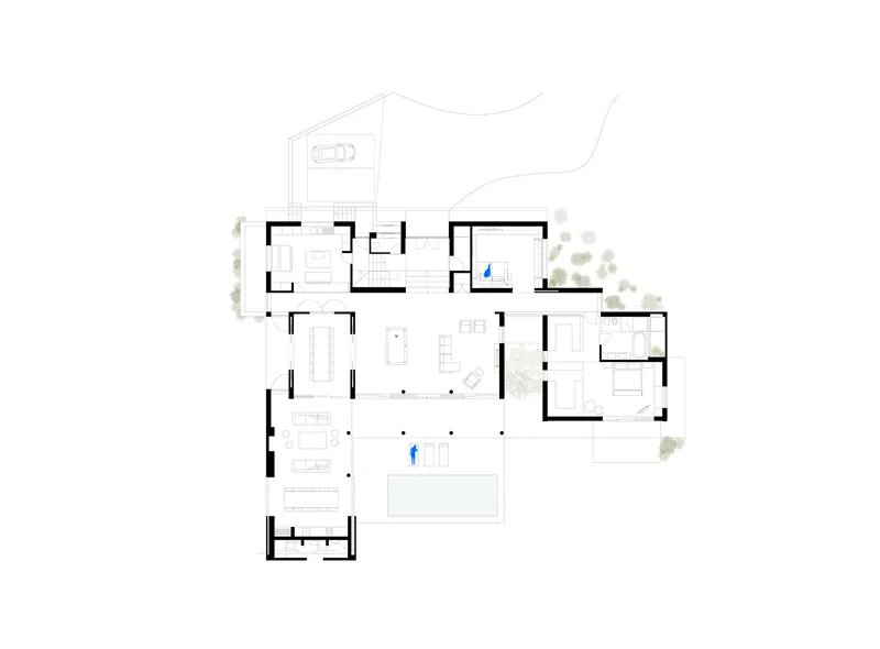 Floor plan drawing showing open living spaces, bedrooms and a pool terrace with trees at the perimeter