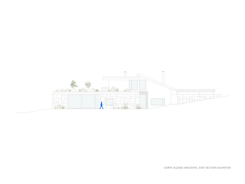 East section elevation drawing depicting the sloped roof, terraced levels and a figure walking along the entrance