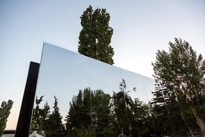 Low-angle view of reflective panel catching evening light with tall poplar tree visible above