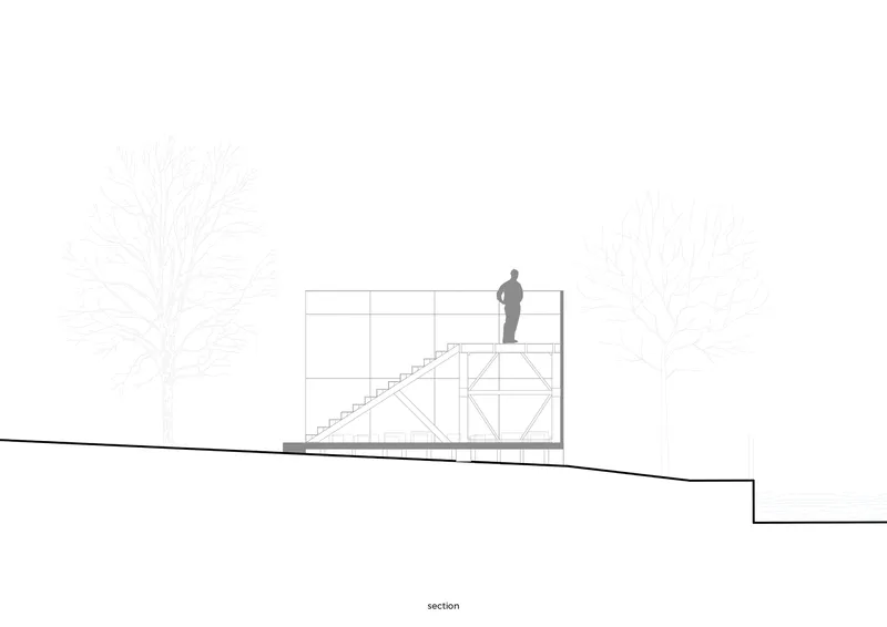 Section drawing showing the internal staircase structure with figure on terrace and flanking trees