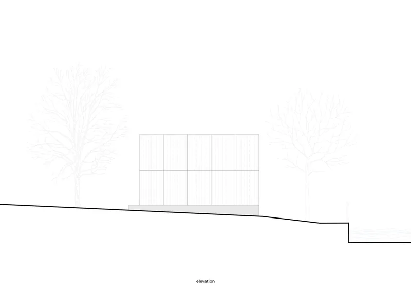 Elevation drawing presenting the gridded facade on sloping ground with trees on either side