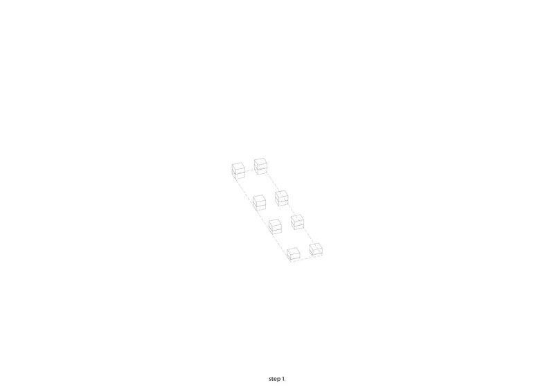 Axonometric diagram illustrating four pairs of cubic volumes arranged along a diagonal slope