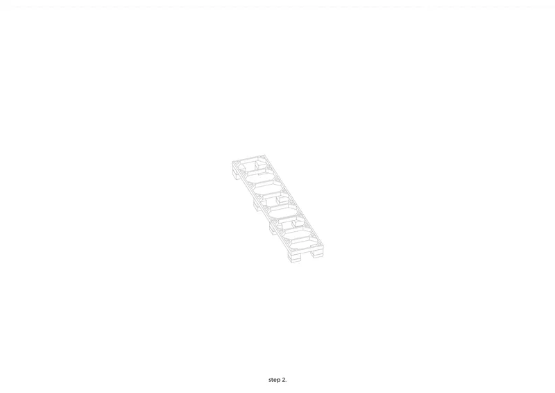 Axonometric drawing showing a linear structural frame with horizontal floor plates and side bracing