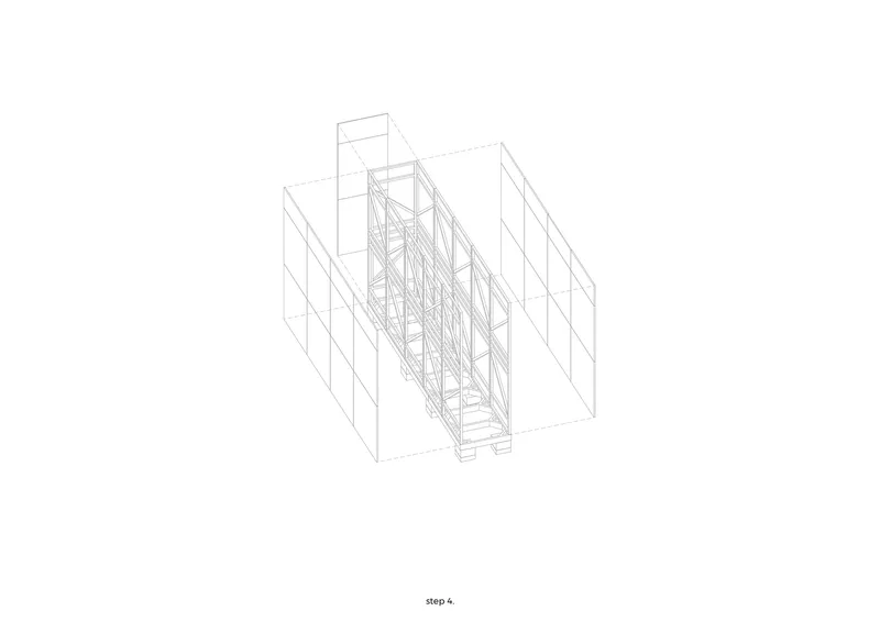 Axonometric drawing showing the structural core enclosed by flanking wall panels and ceiling elements