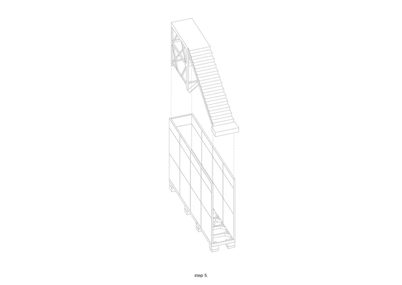 Axonometric drawing showing the staircase cantilevering outward from the main volume at an angle