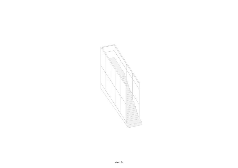 Axonometric drawing of the completed assembly with the staircase integrated into the gridded facade