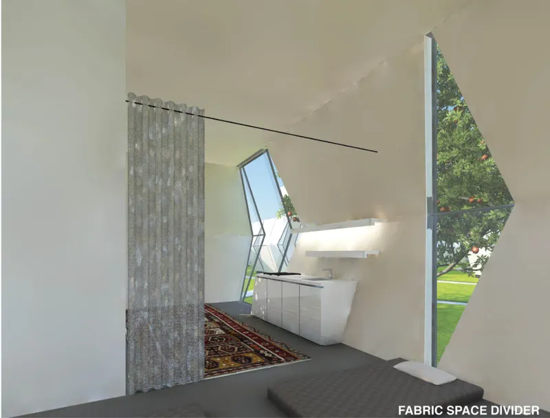 Flexible fabric dividers provide privacy within the compact modular interior.