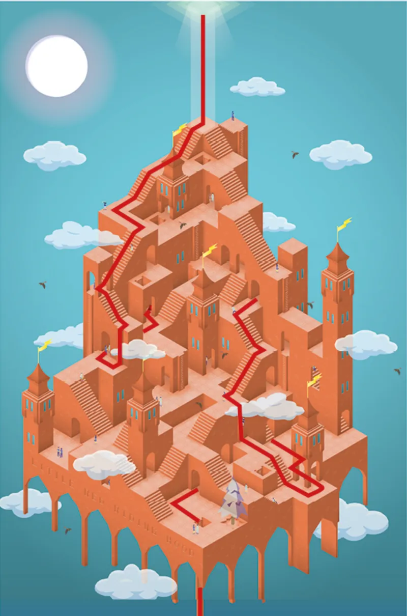 A red route climbs through an impossible isometric city inspired by looping narratives and spatial illusion.