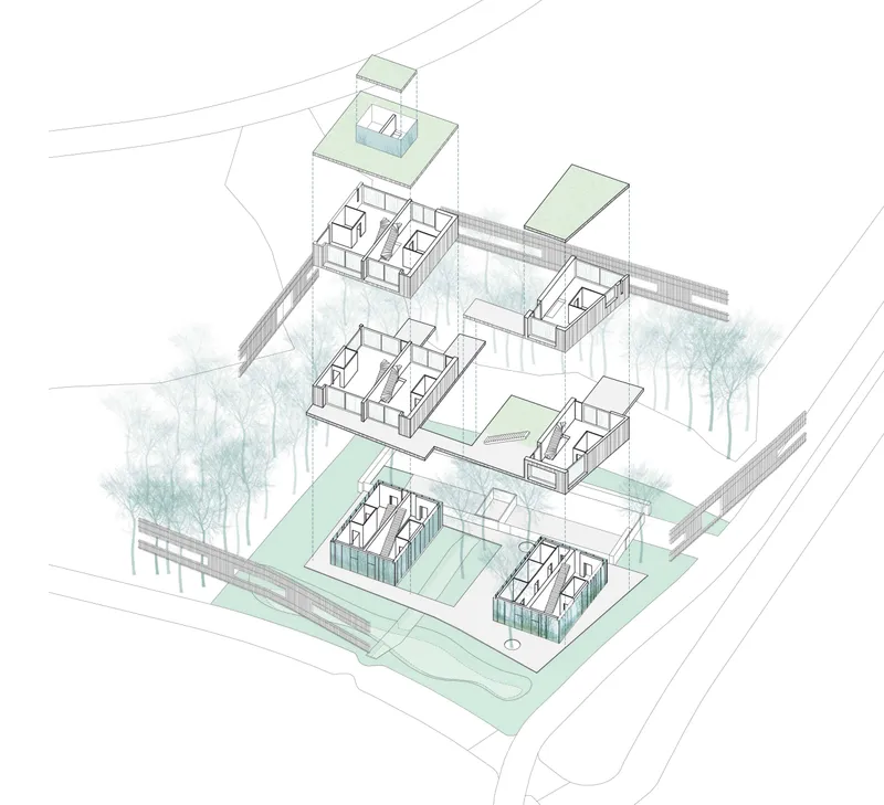 Exploded axonometric view showing the lifted housing system, roof gardens, terraces and landscape continuity across the site.