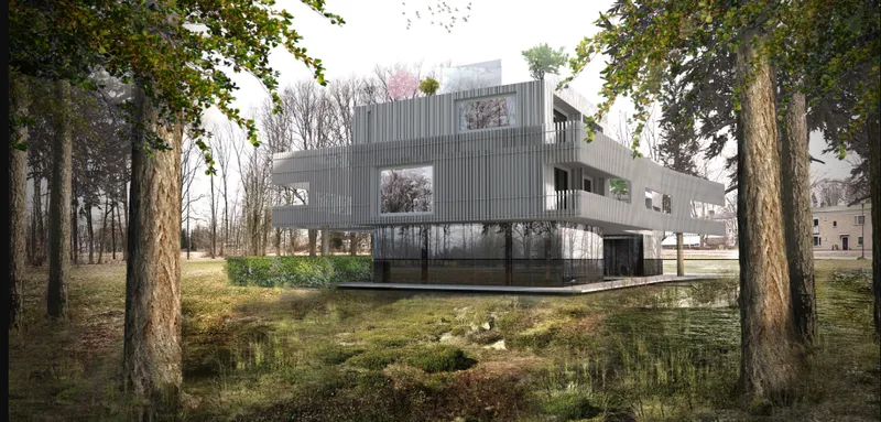 Elevated timber homes float above the forest floor, allowing the woodland landscape to continue beneath and around the architecture.