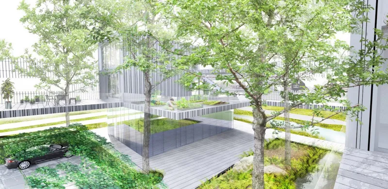 Green terraces, reflective glass and planted courtyards create a layered relationship between housing, trees and shared outdoor life.
