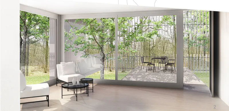 Interior living spaces open toward the forest, framing trees and terraces as part of the everyday residential experience.