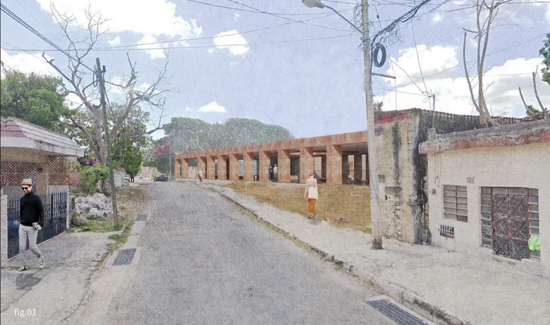 Street view showing the observatory’s low, colonnaded form integrated into the surrounding neighborhood.