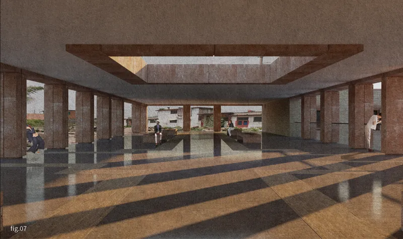 Central open space shaped by natural light, deep shadows, and repetitive structural columns.